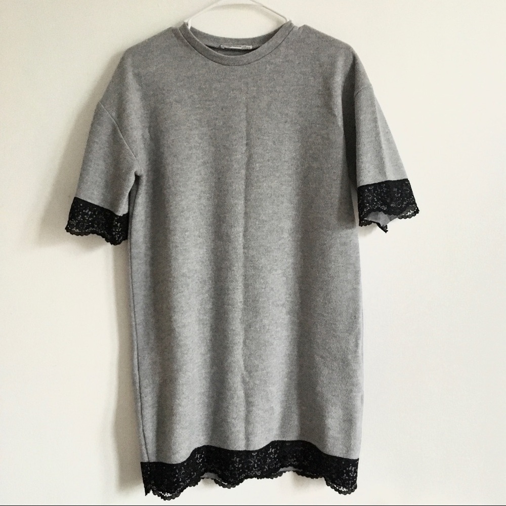 Zara Trafaluc Gray Shift Dress with Black Lace S